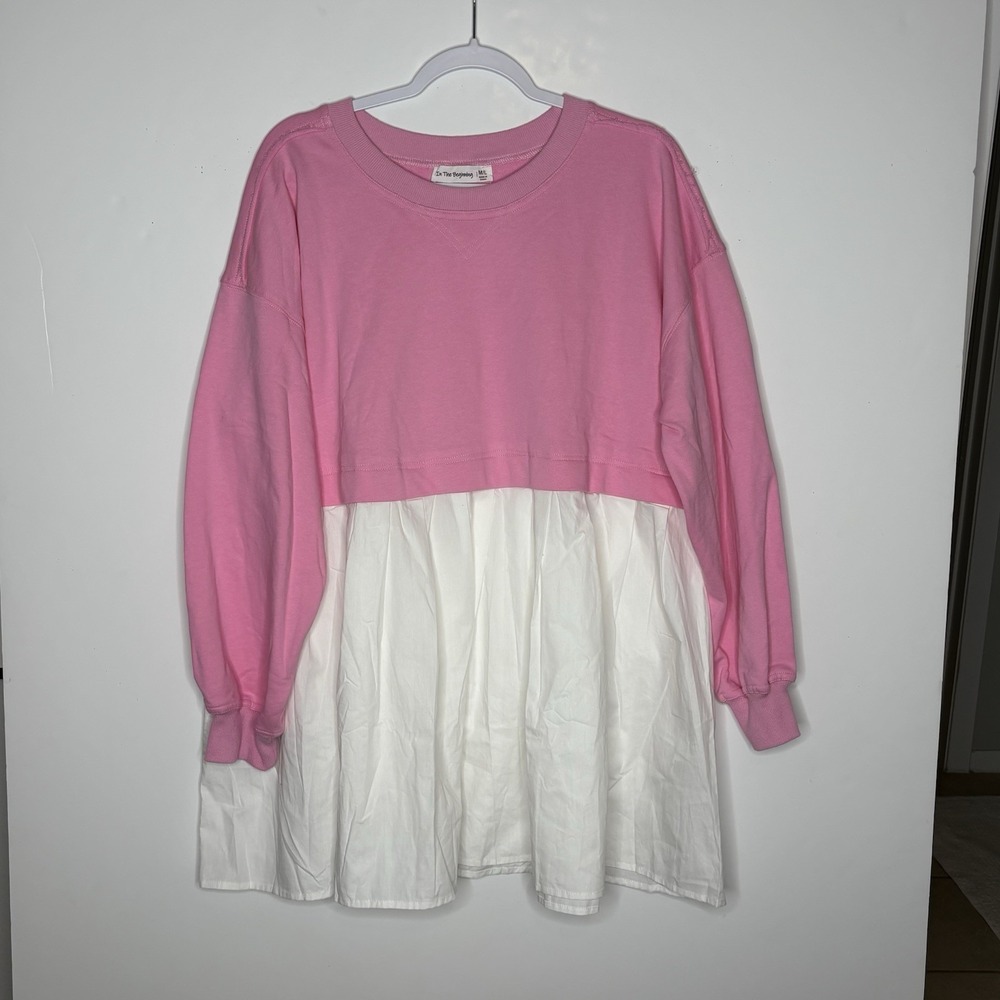 Layered Sweatshirt Mini Dress‎ Babydoll Silhouette Pink & White Balletcore M/L